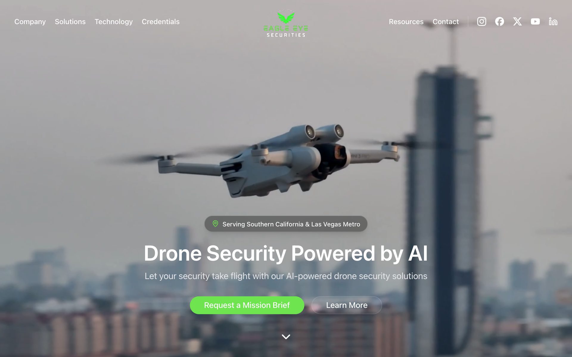 The Eagle Eye Securities homepage: a drone in flight over the city