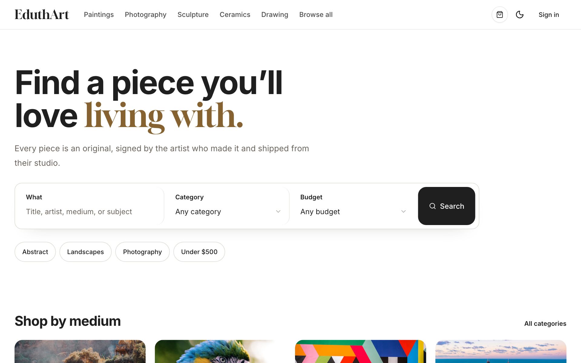 The EduthArt marketplace homepage, with art search by category and budget