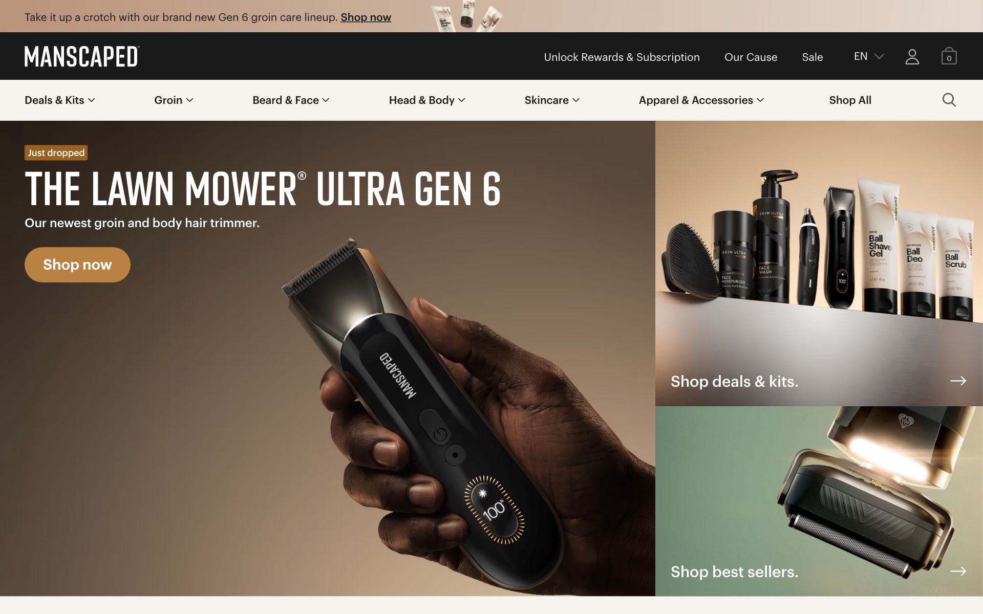 The Manscaped homepage, featuring the Lawn Mower Ultra Gen 6 trimmer