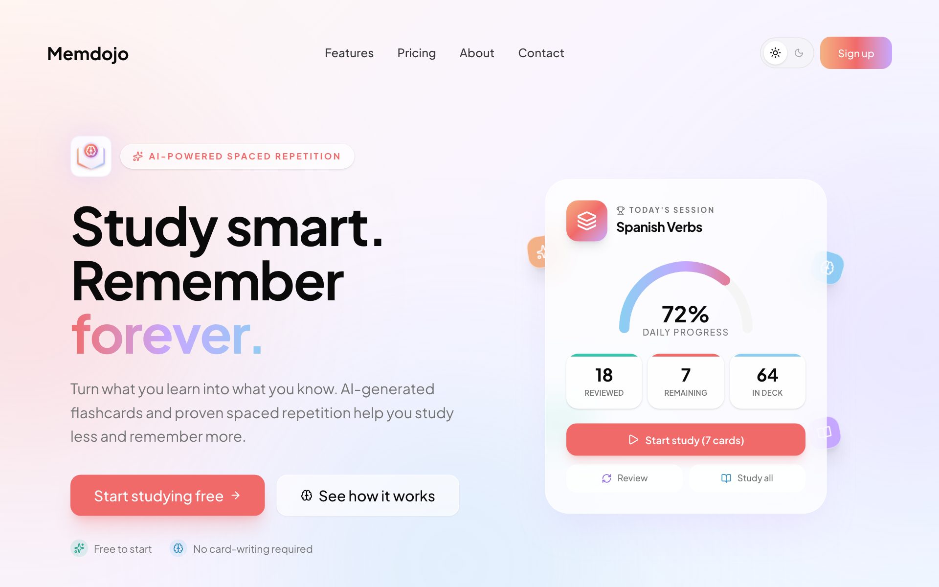 The Memdojo homepage, with a study session showing daily progress