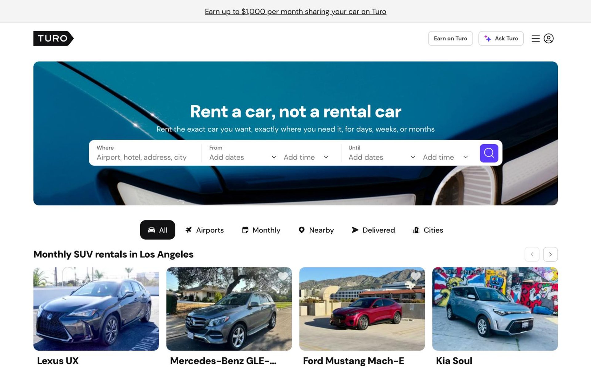 The Turo homepage: rent a car, not a rental car